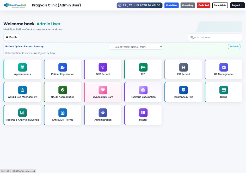 MediFlow EMR main dashboard with module grid