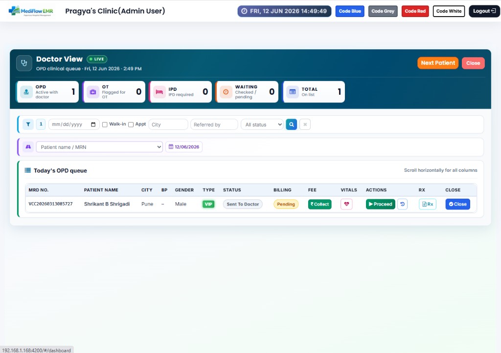 MediFlow EMR doctor view and OPD queue