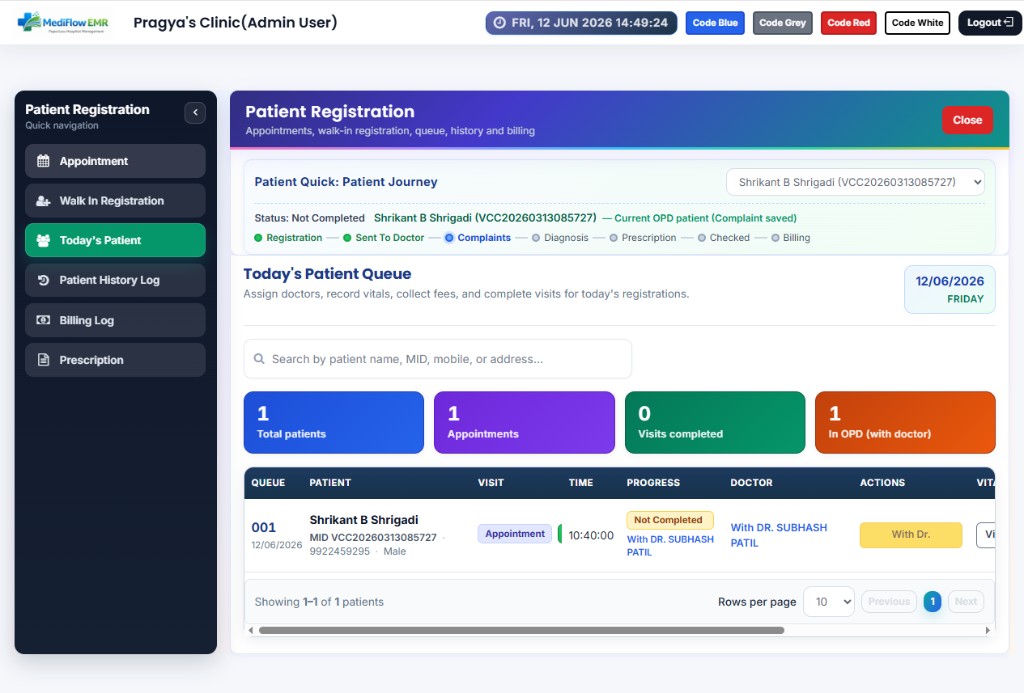 MediFlow EMR patient registration and queue screen