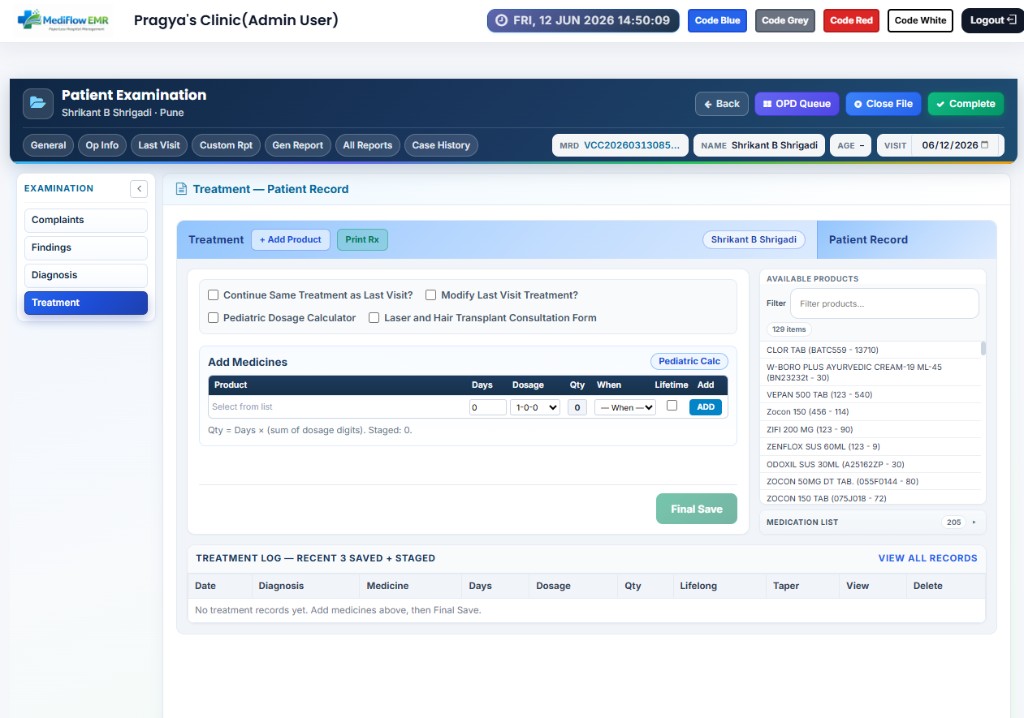 MediFlow EMR treatment and prescription screen